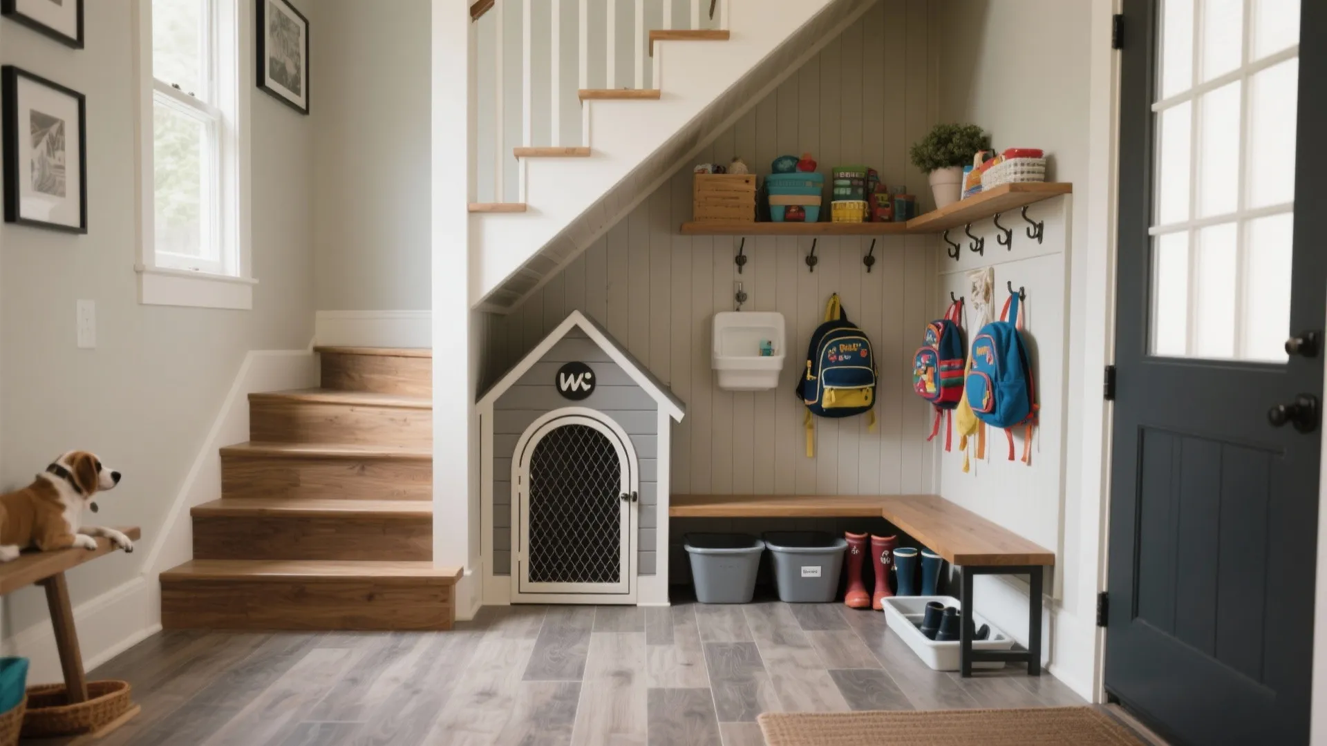 Entryway mudroom under stairs with dog house hooks for backpacks wooden bench and storage bins