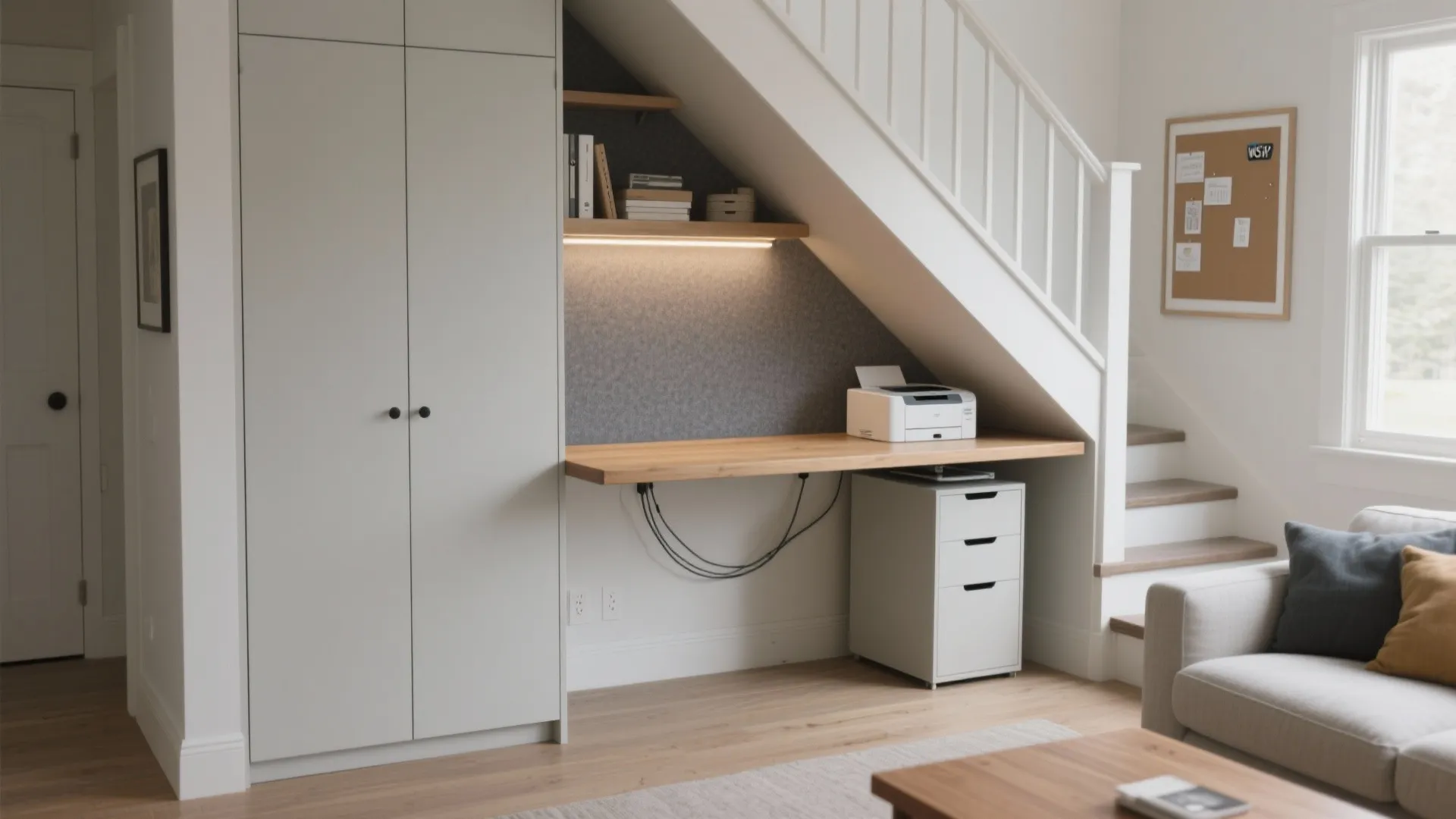 Modern home office under stairs with wood desk white cabinet printer shelving and grey sofa