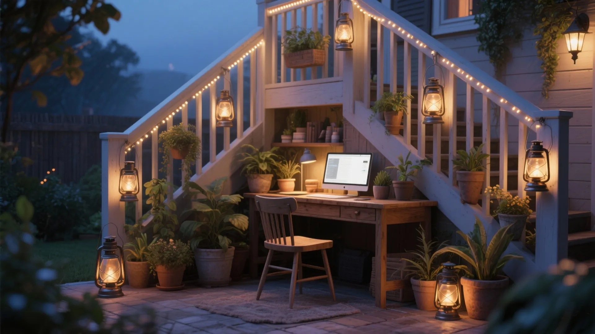 Desk under outdoor stairs with warm lighting and plants