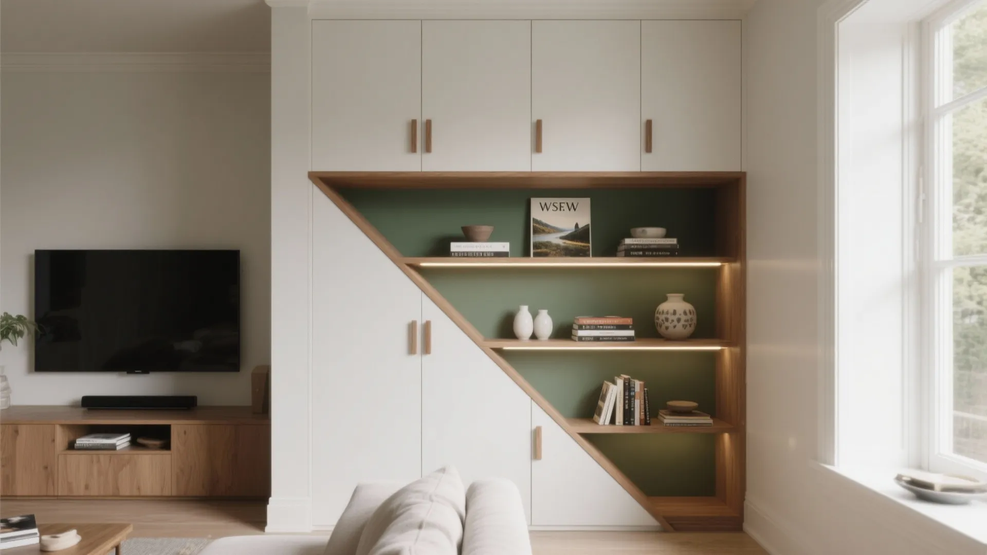 Modern white storage cabinet with triangle wooden shelves under stairs featuring books and green wall