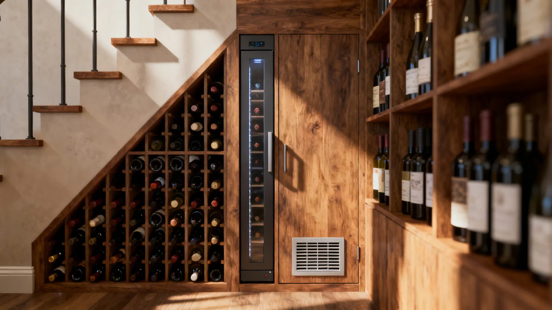 Under-stair wine nook with vertical wooden racks, slim cooling unit and ventilation.