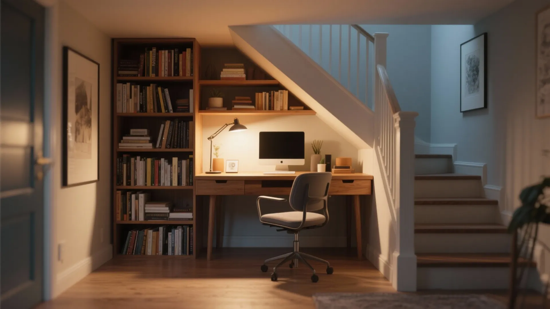 Small home office desk with computer and bookshelf built into the space under the stairs