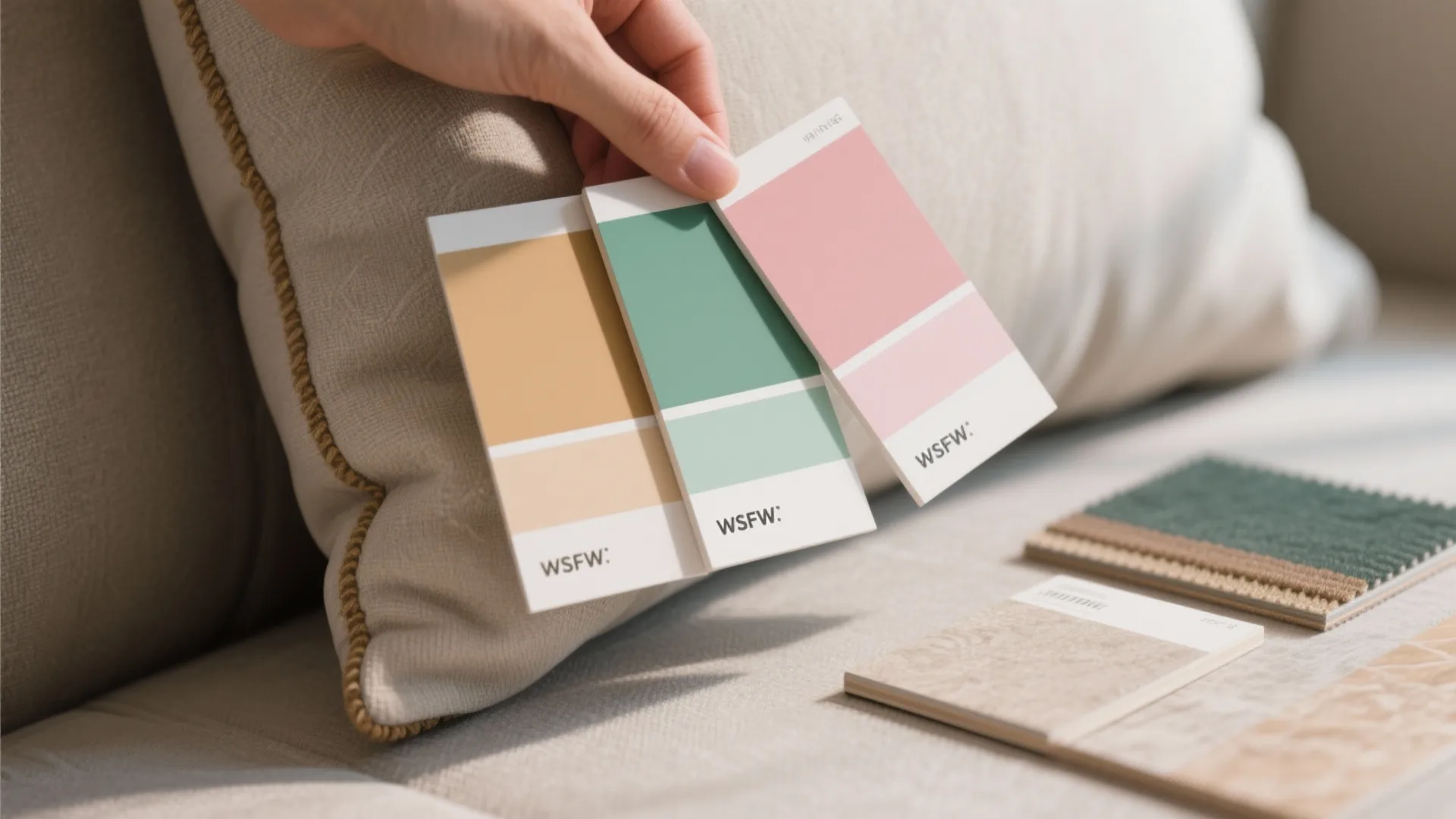 Hand holding yellow green and pink color paint cards against a light brown sofa background