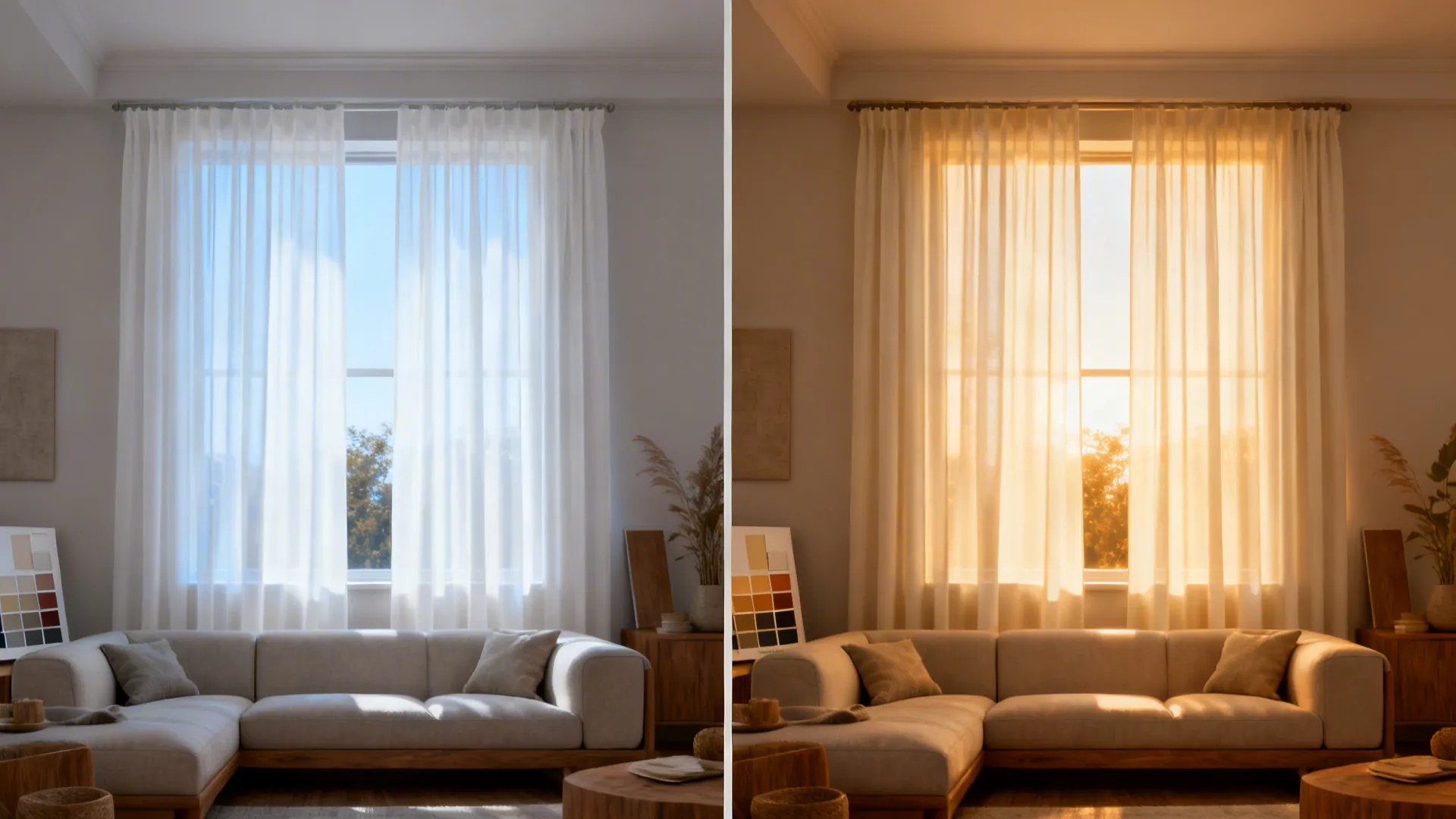 Split view showing bright white and warm cream sheers and their effect on room warmth