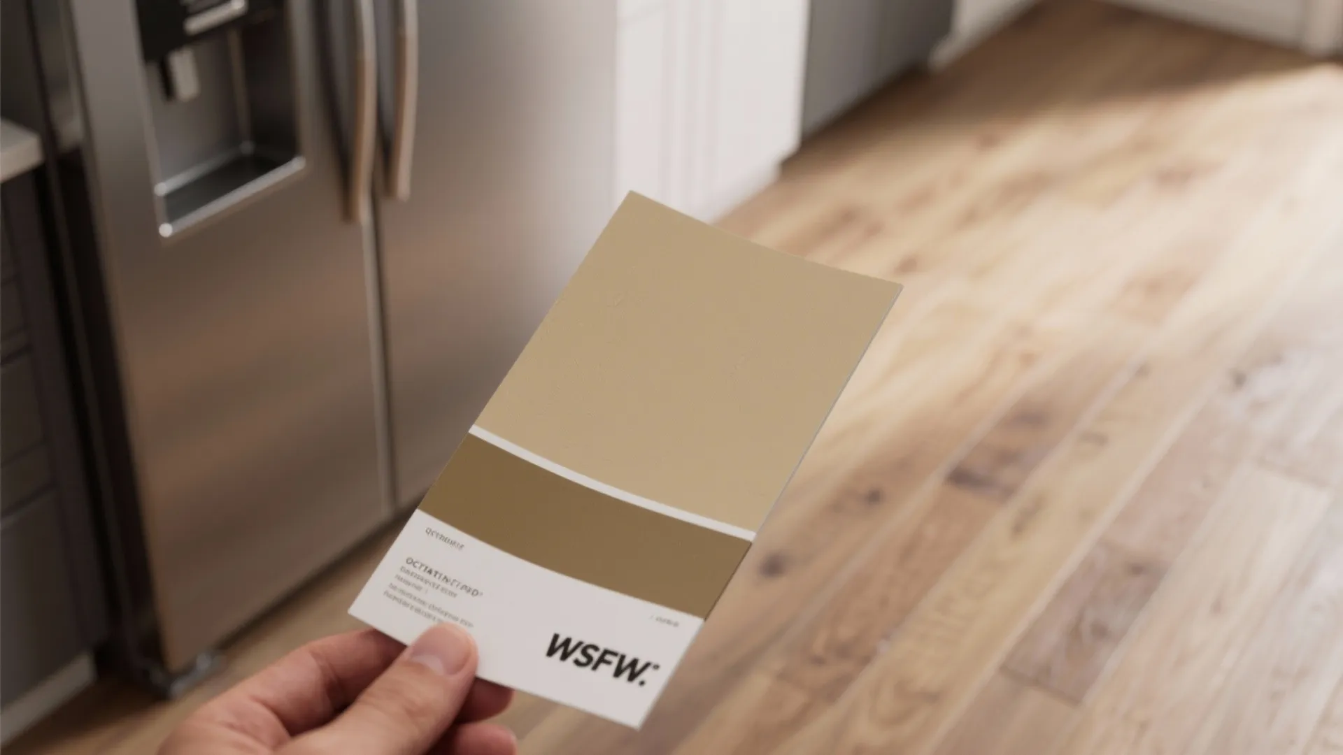 Close-up of a paint sample beside wood floor and steel appliance showing undertone shifts.