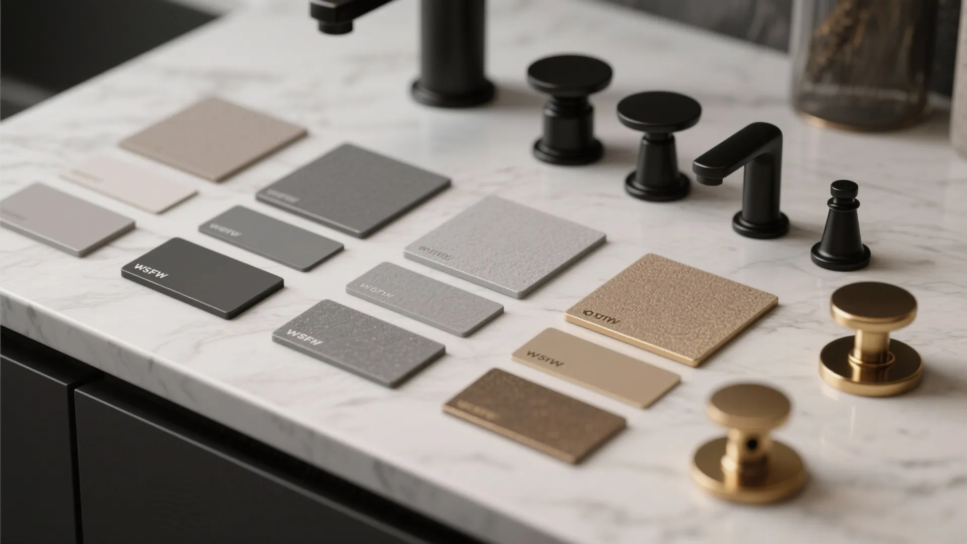 Close-up of warm and cool grey paint chips with brass and black hardware samples.