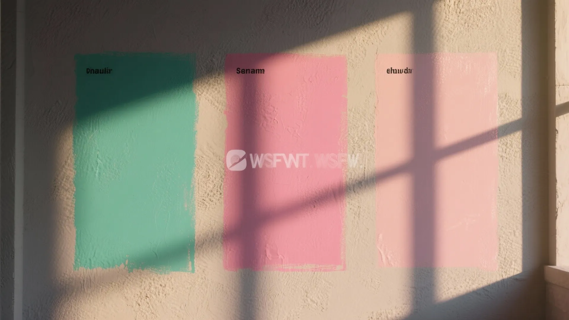 Three colorful paint swatches on a textured wall with sunlight and shadows from a window