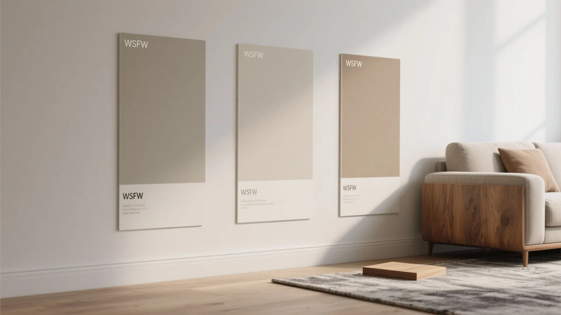 Three large beige paint color samples hanging on a white wall next to a sofa