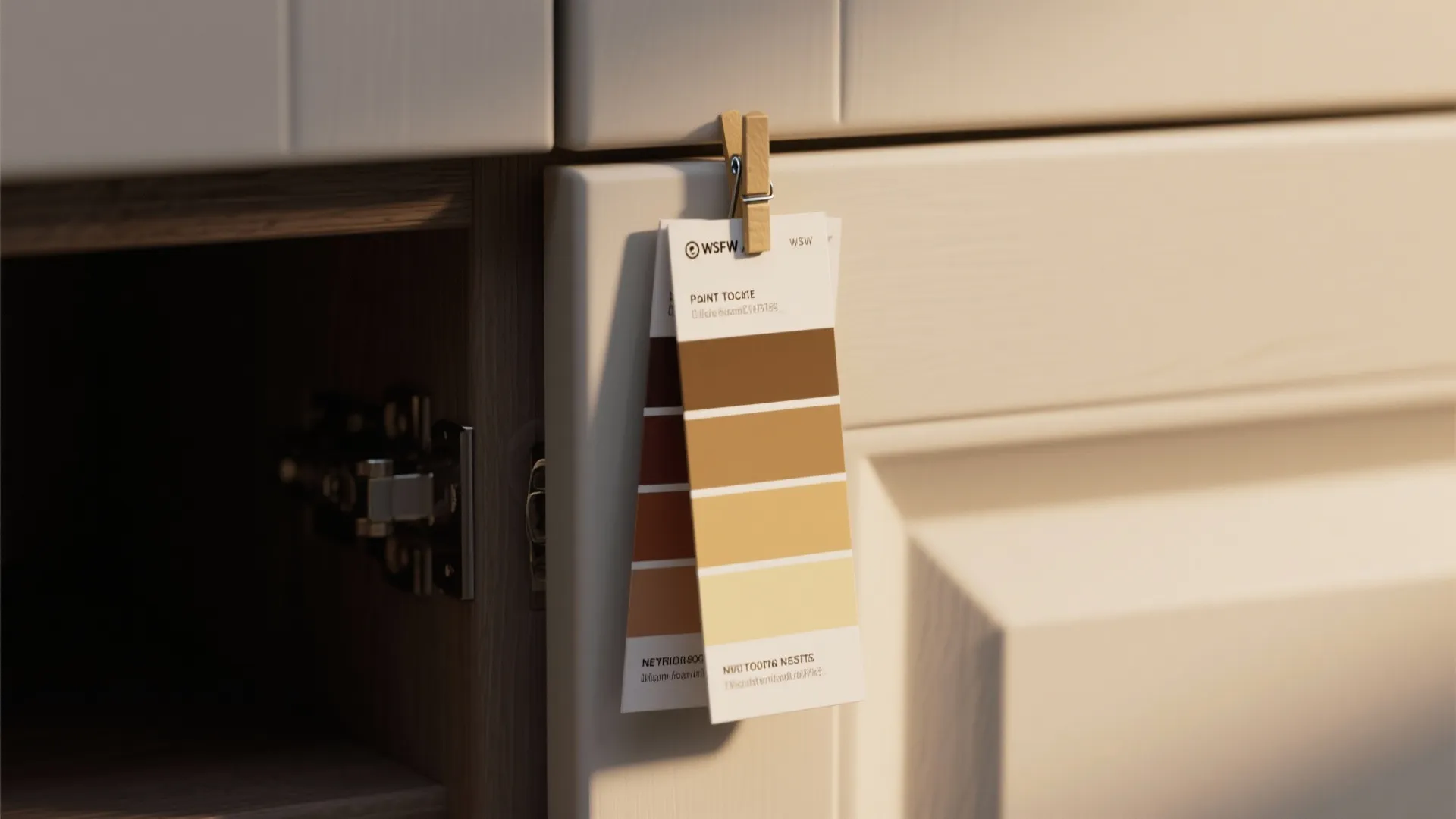 Close up of brown paint color swatches clipped to a white cabinet door for matching