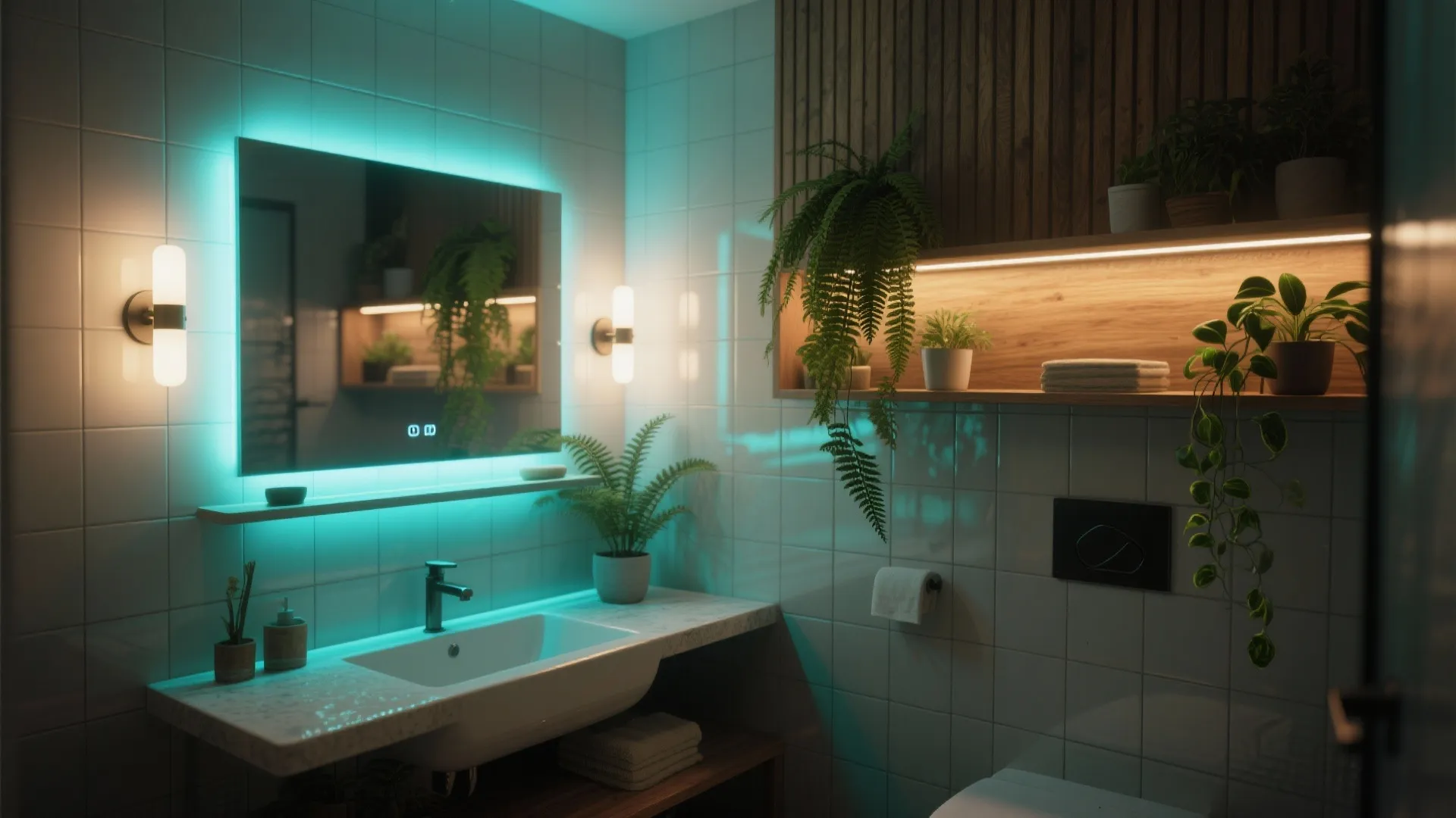 Modern bathroom with blue glowing mirror light wood wall panel green plants and white sink
