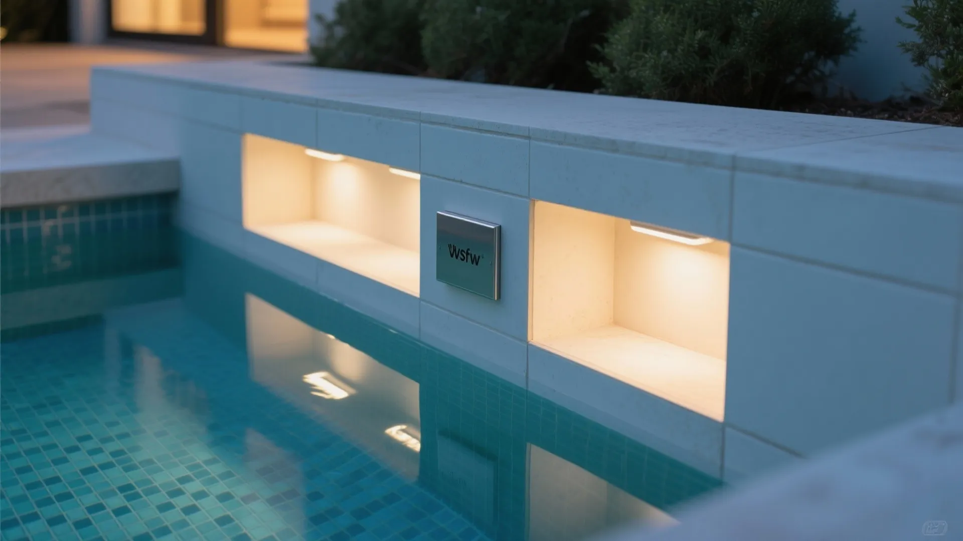 Macro of recessed underwater LED niche with stainless trim and layered beams shaping pool depth.