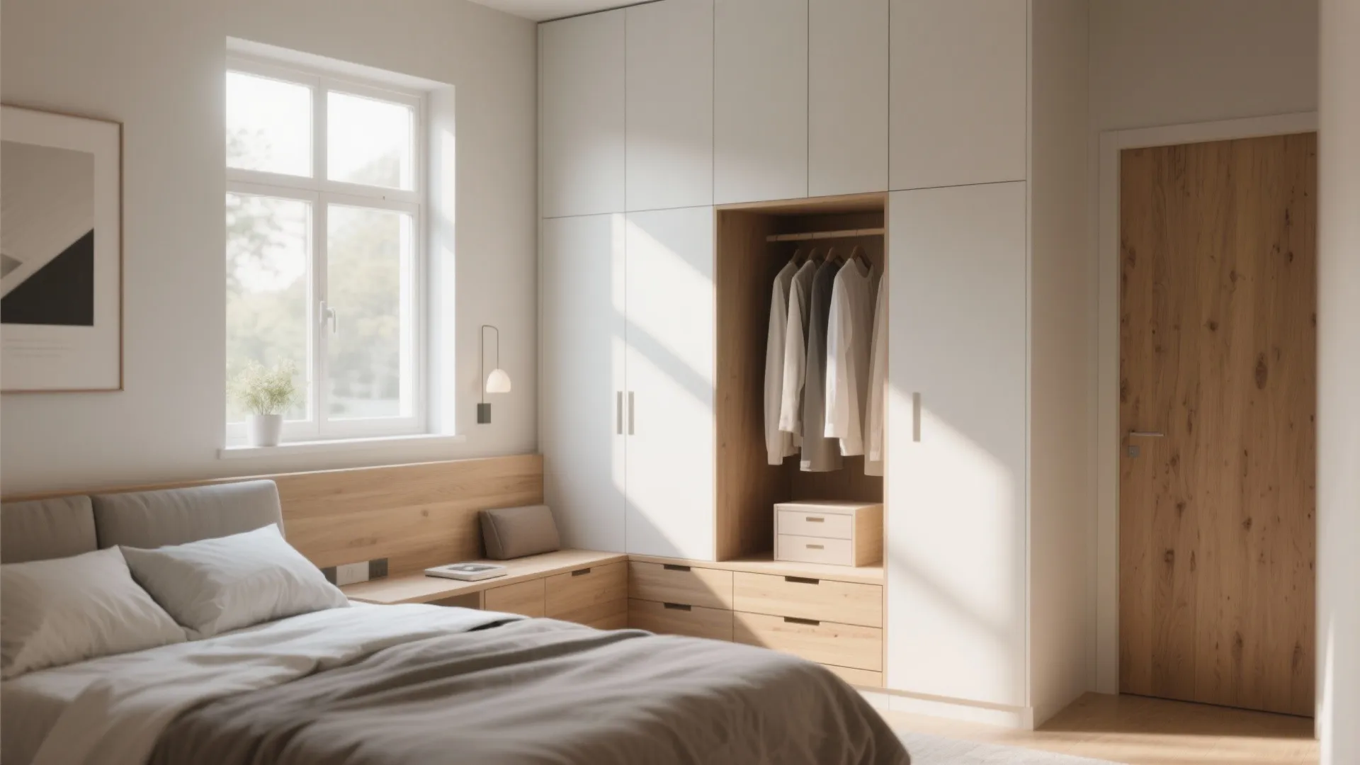 Minimalist bedroom featuring large white wardrobe and wooden drawers under window with a grey bed