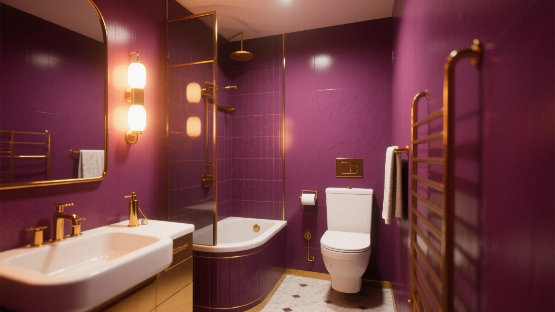 Luxury bathroom with bright purple walls gold metal fixtures white sink bathtub and marble floor