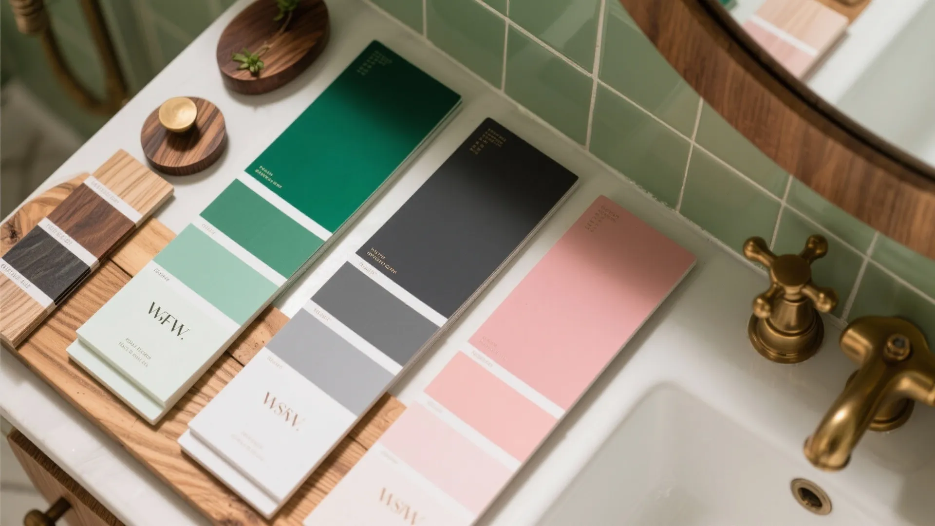 Green grey and pink paint color samples placed on a wooden board by bathroom sink