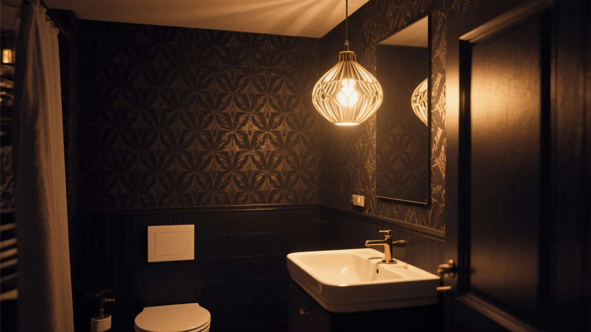 Dark bathroom featuring black patterned wallpaper and a warm glowing ceiling light over the sink