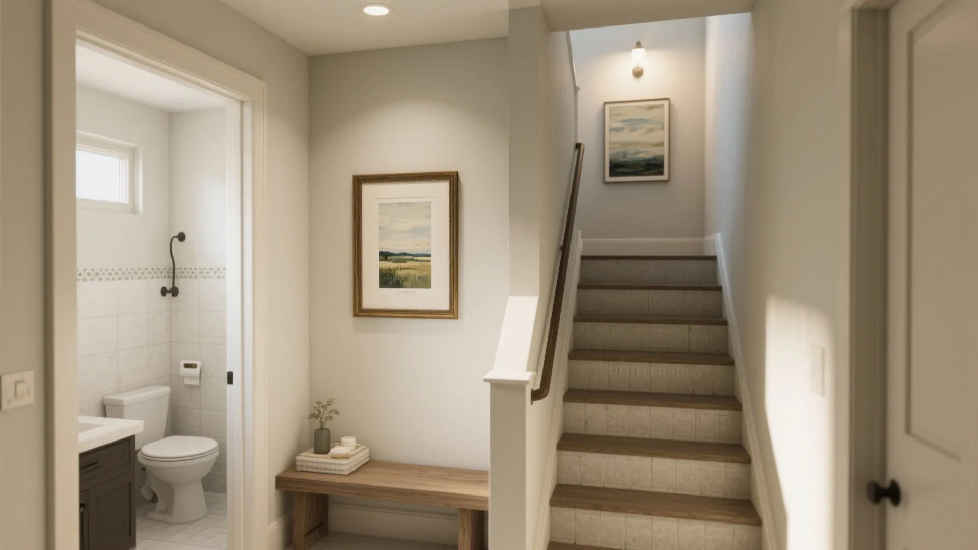 Hall bathroom and stair landing transformed by small Uttermost paintings, showing practical placement and protective framing.
