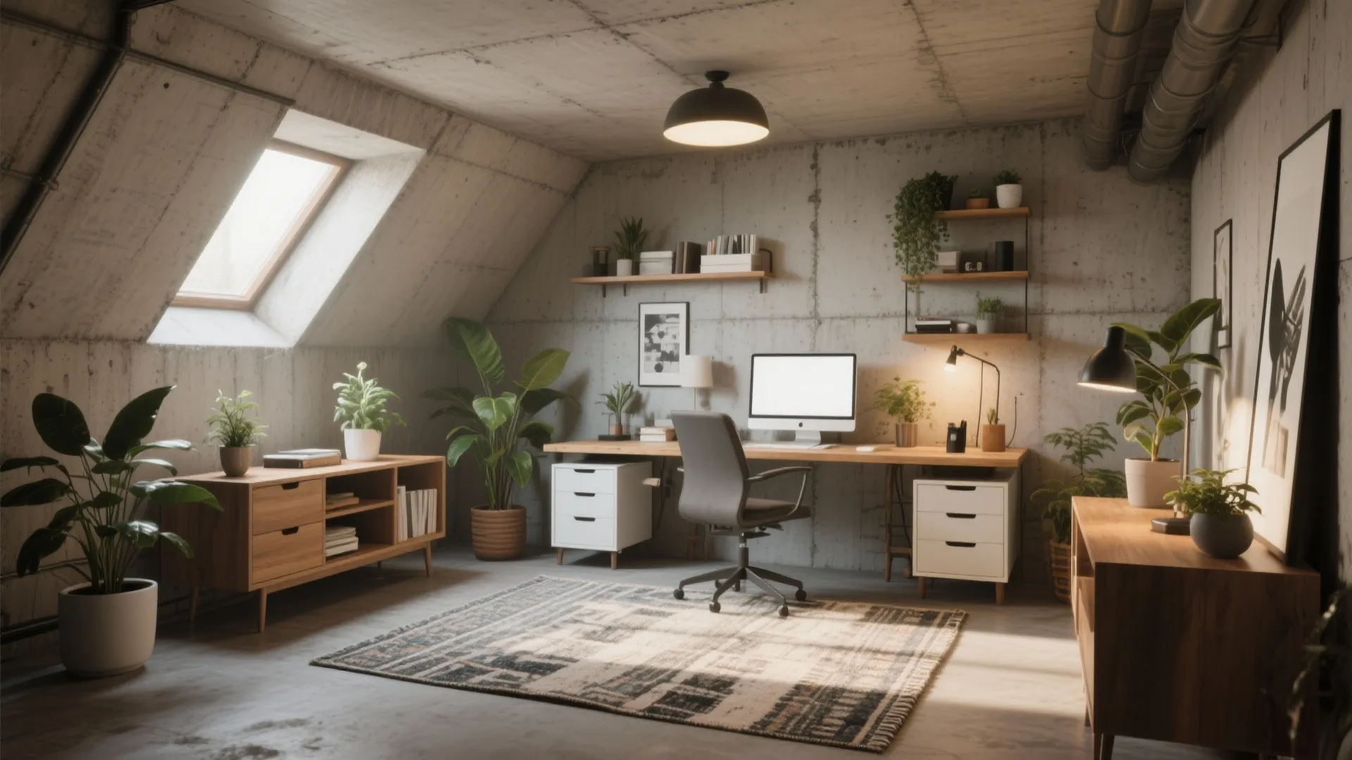 Industrial basement home office with concrete walls wooden desk grey chair rug plants and roof window