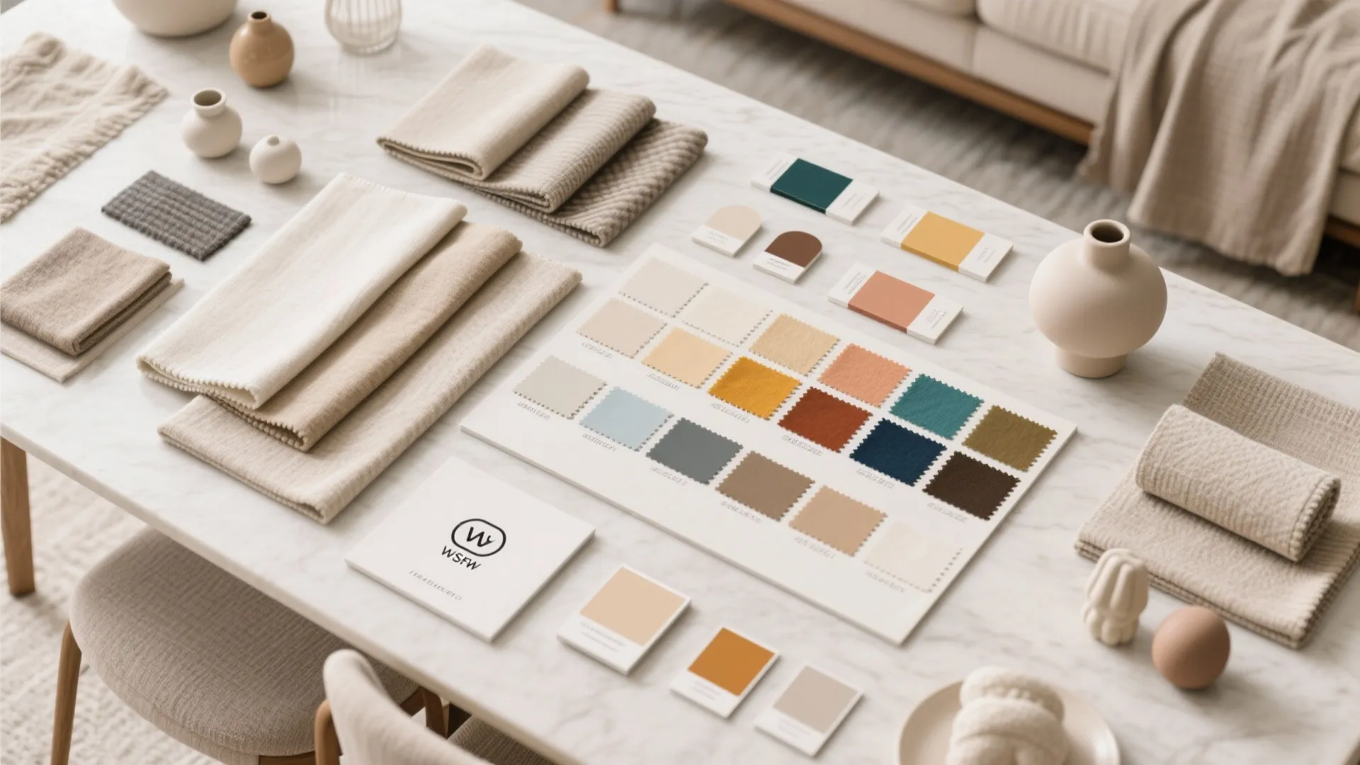 Interior design color palette on white table with fabric samples and many different colorful square cards