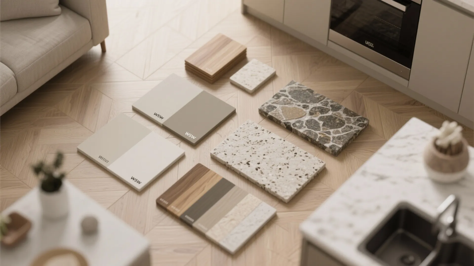 Interior design material samples including wood stone and color swatches on a light wooden floor