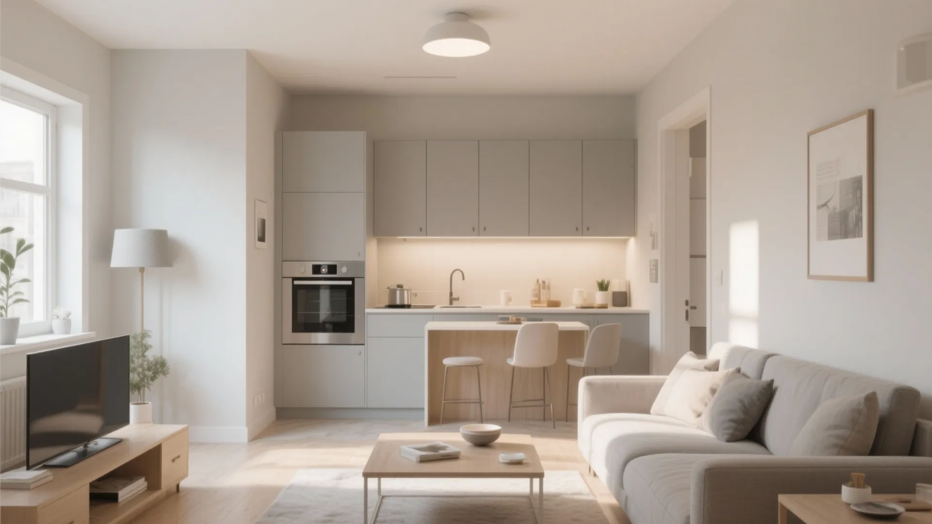 Living room and kitchen with matching soft beige color scheme for visual flow