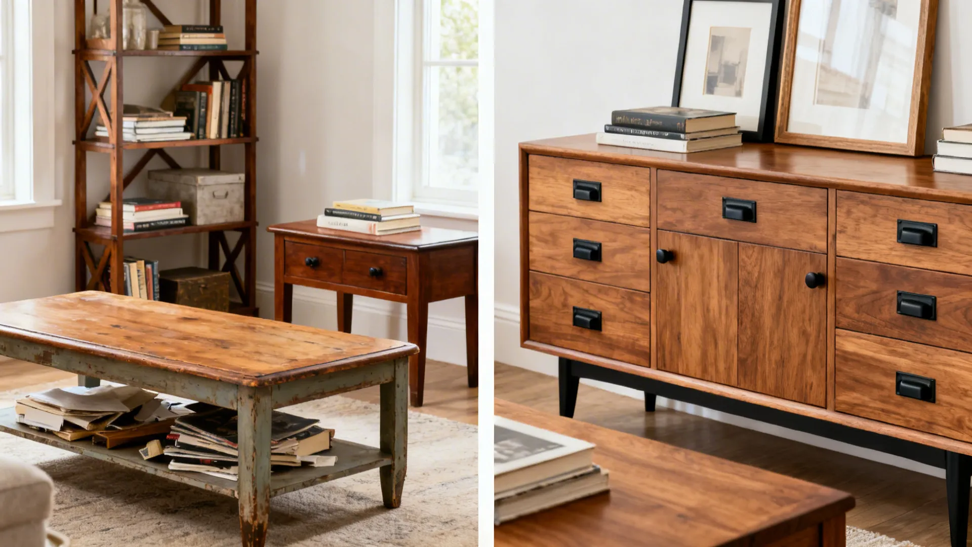 Side by side comparison of vintage wooden furniture versus modern wooden cabinet with black handles