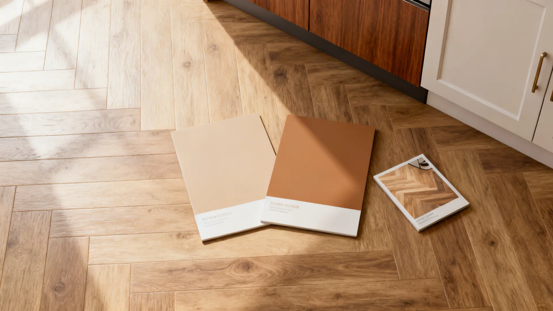 Flatlay of flooring planks and paint swatches illustrating a unified palette for kitchen and living room.