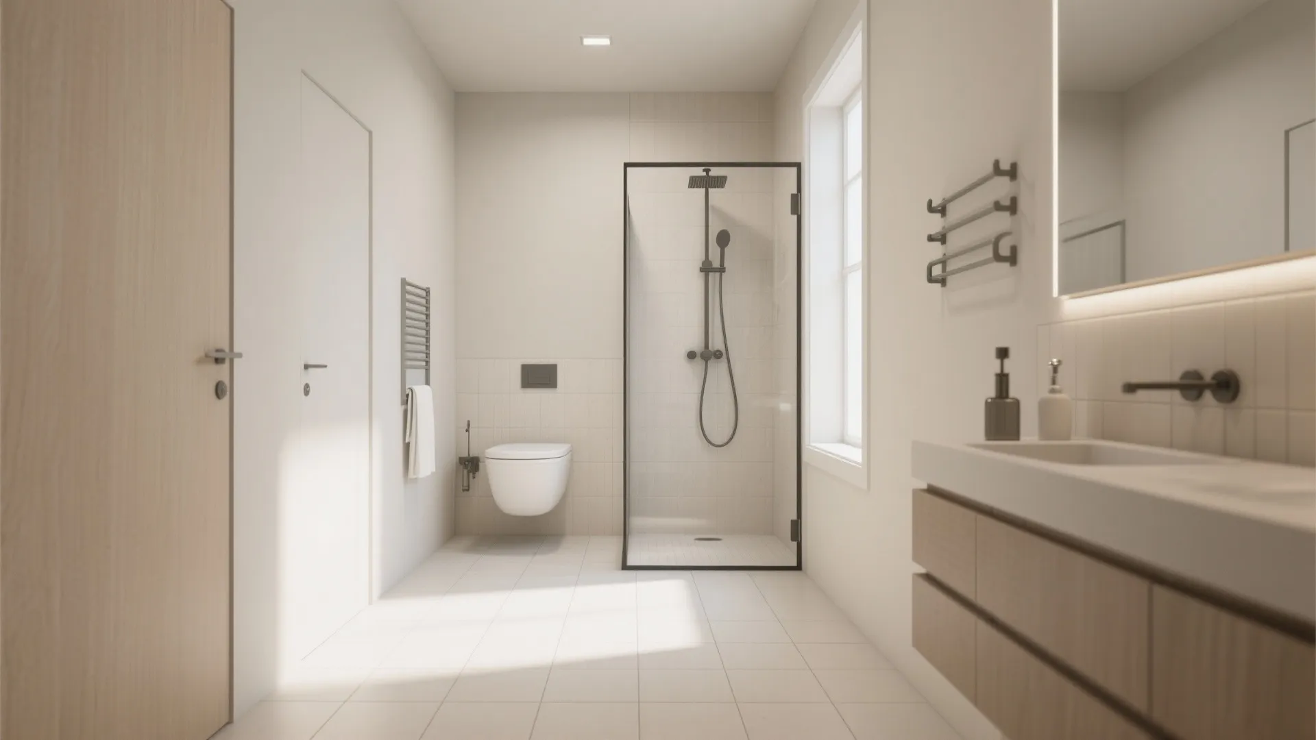 Bathroom with seamless unified porcelain tile flooring