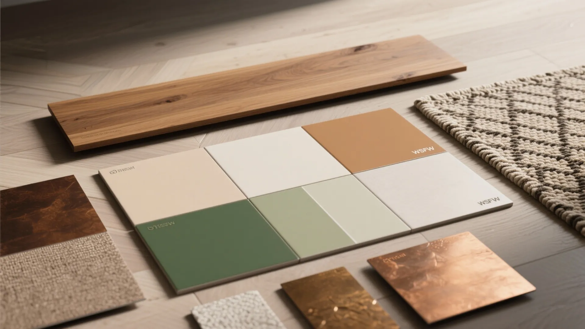 Interior design material board with colorful tiles wooden planks fabric samples and a small rug