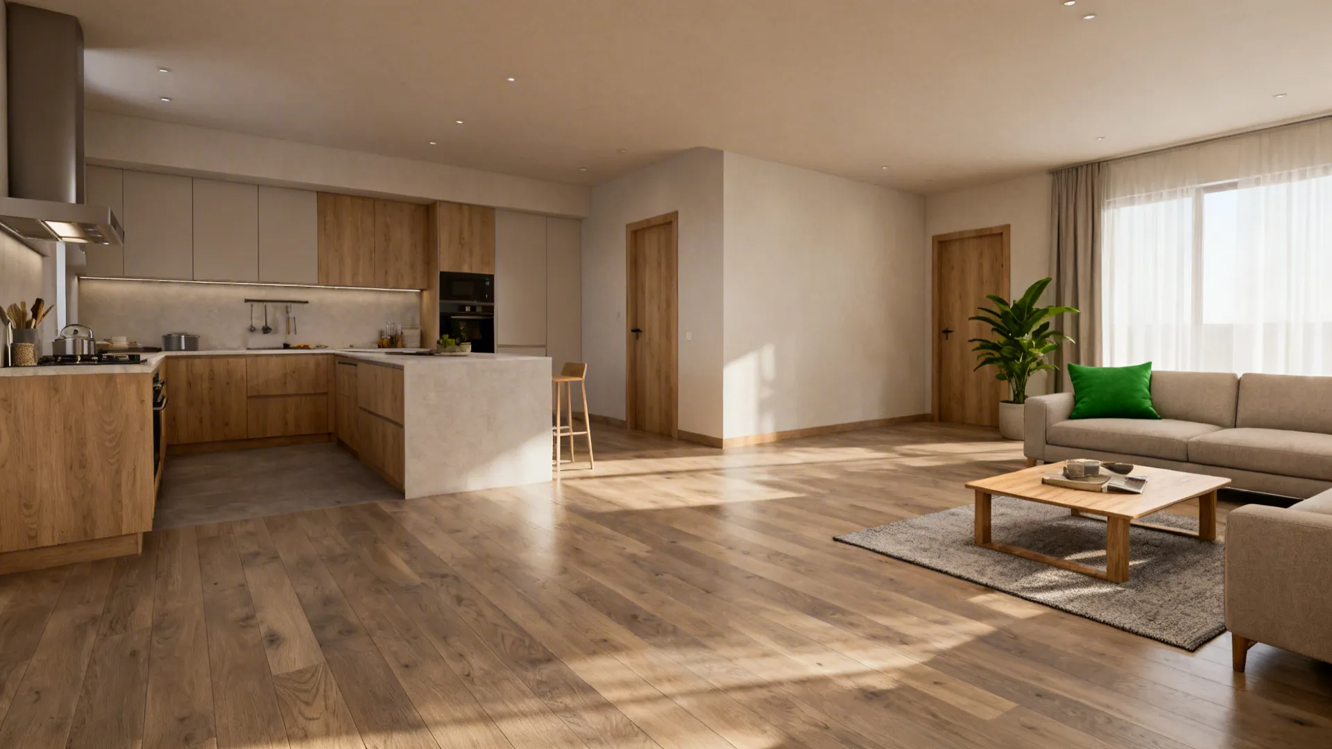 Continuous muted wood flooring linking kitchen and living spaces with a cohesive color palette