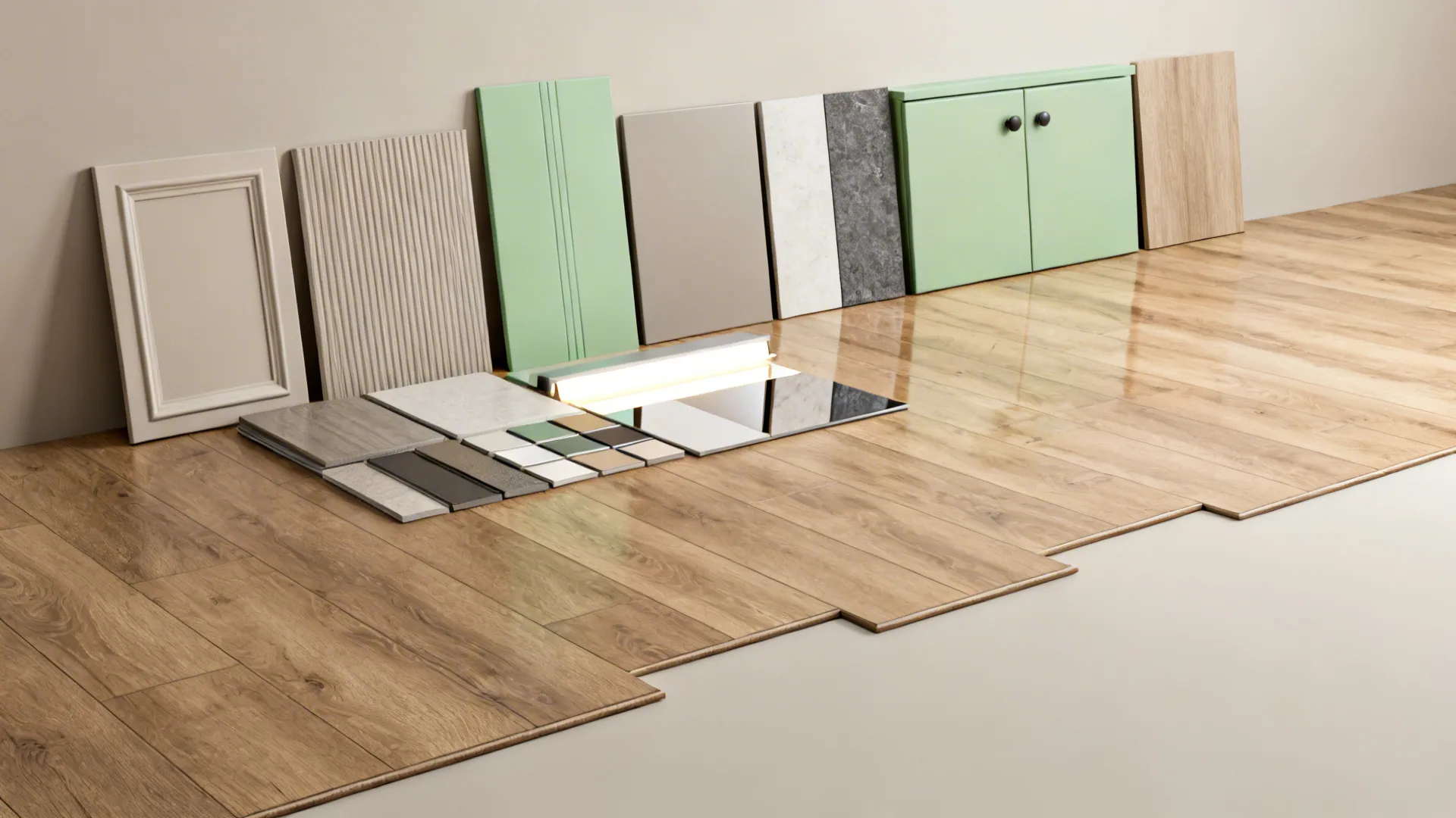 Material flatlay showing continuous wood flooring and complementary cabinetry swatches for a unified look.