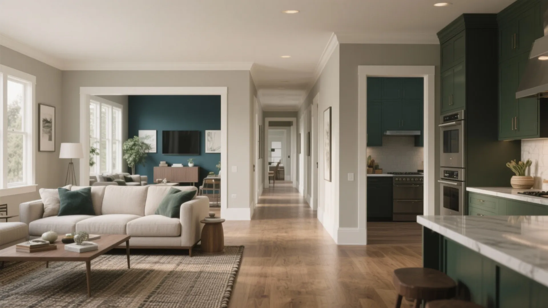 Modern open plan living room with cream sofa green kitchen cabinets and long hallway view
