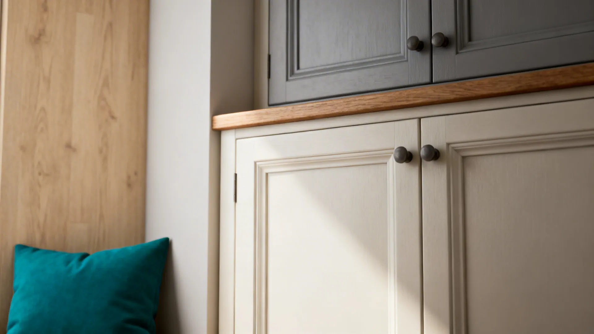 Close-up of off-white cabinetry, muted grey fronts, and natural wood trim with a single teal accent cushion.