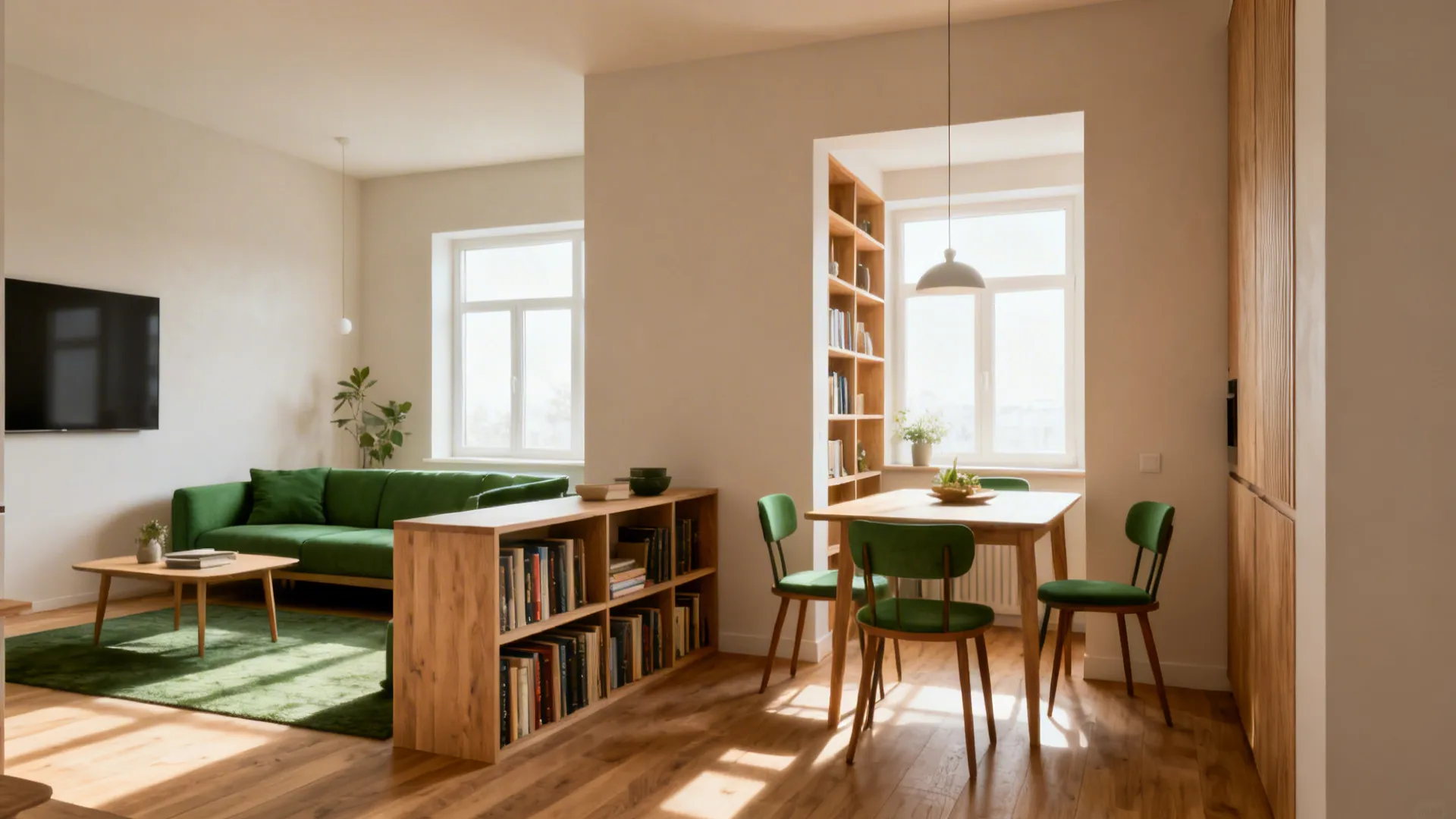 Open low bookshelf divider in a neutral-toned living-dining combo keeping visual flow and light.