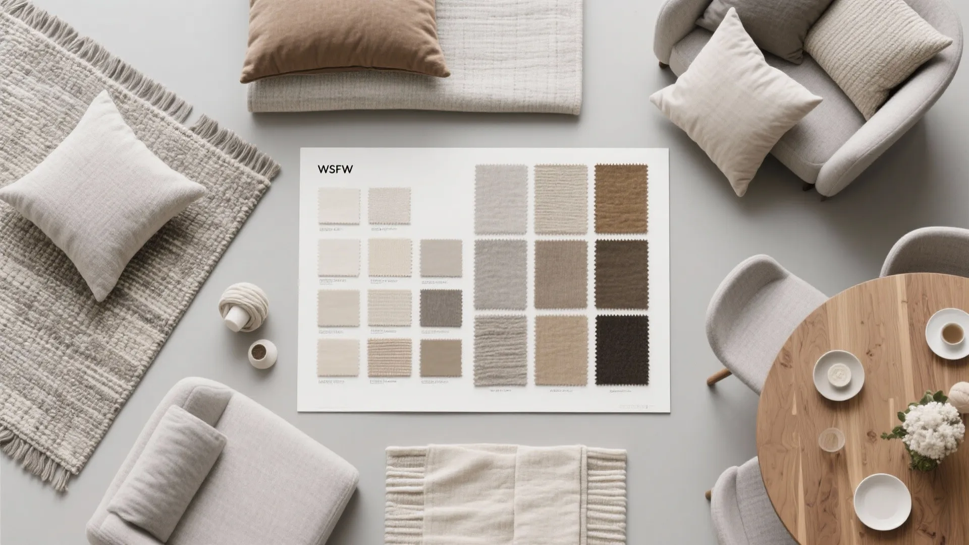 Interior design material board with neutral fabric samples surrounded by small sofas rugs and pillows