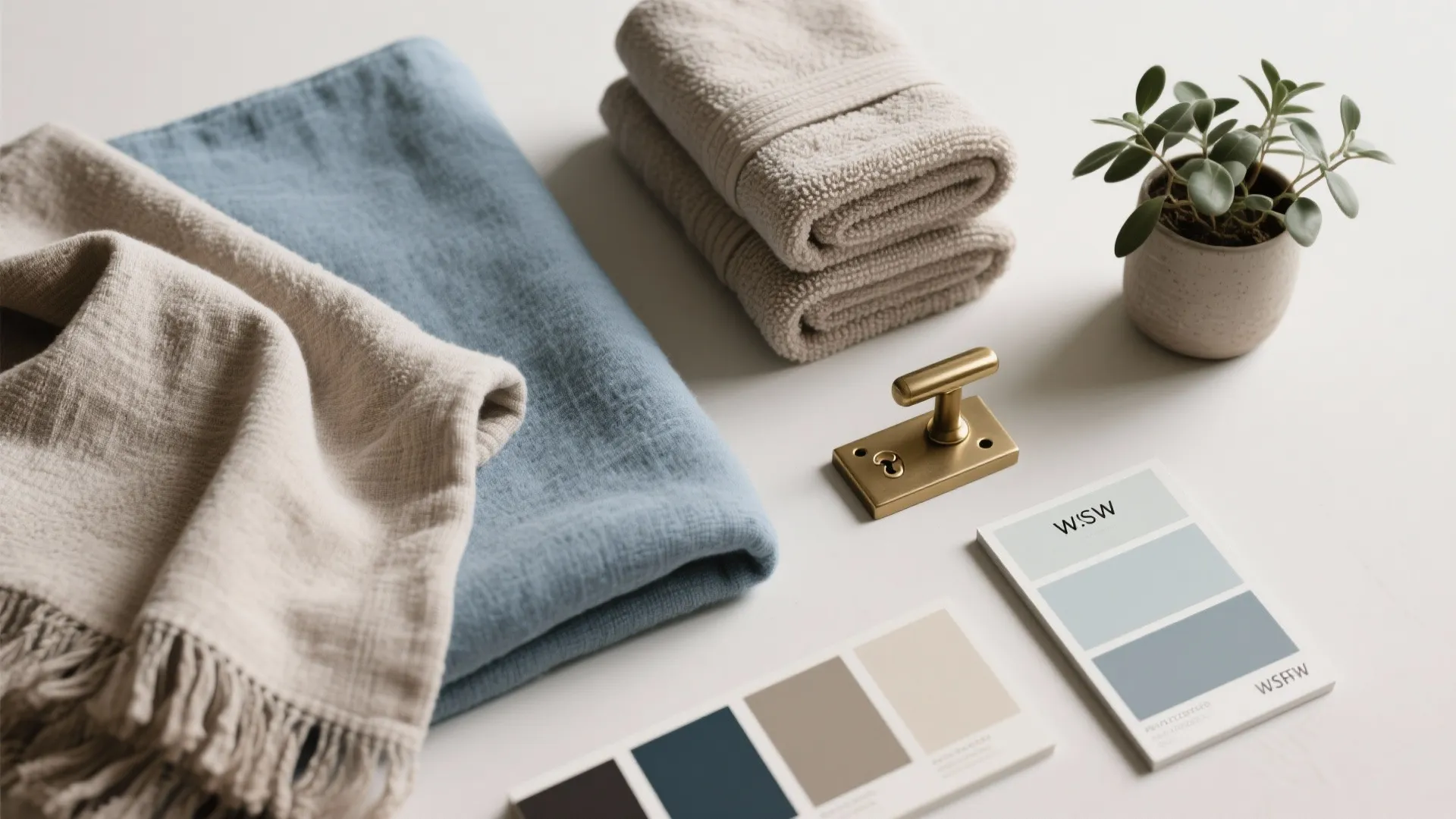 Fabric samples with blue towels gold door handle paint cards and a small green plant pot
