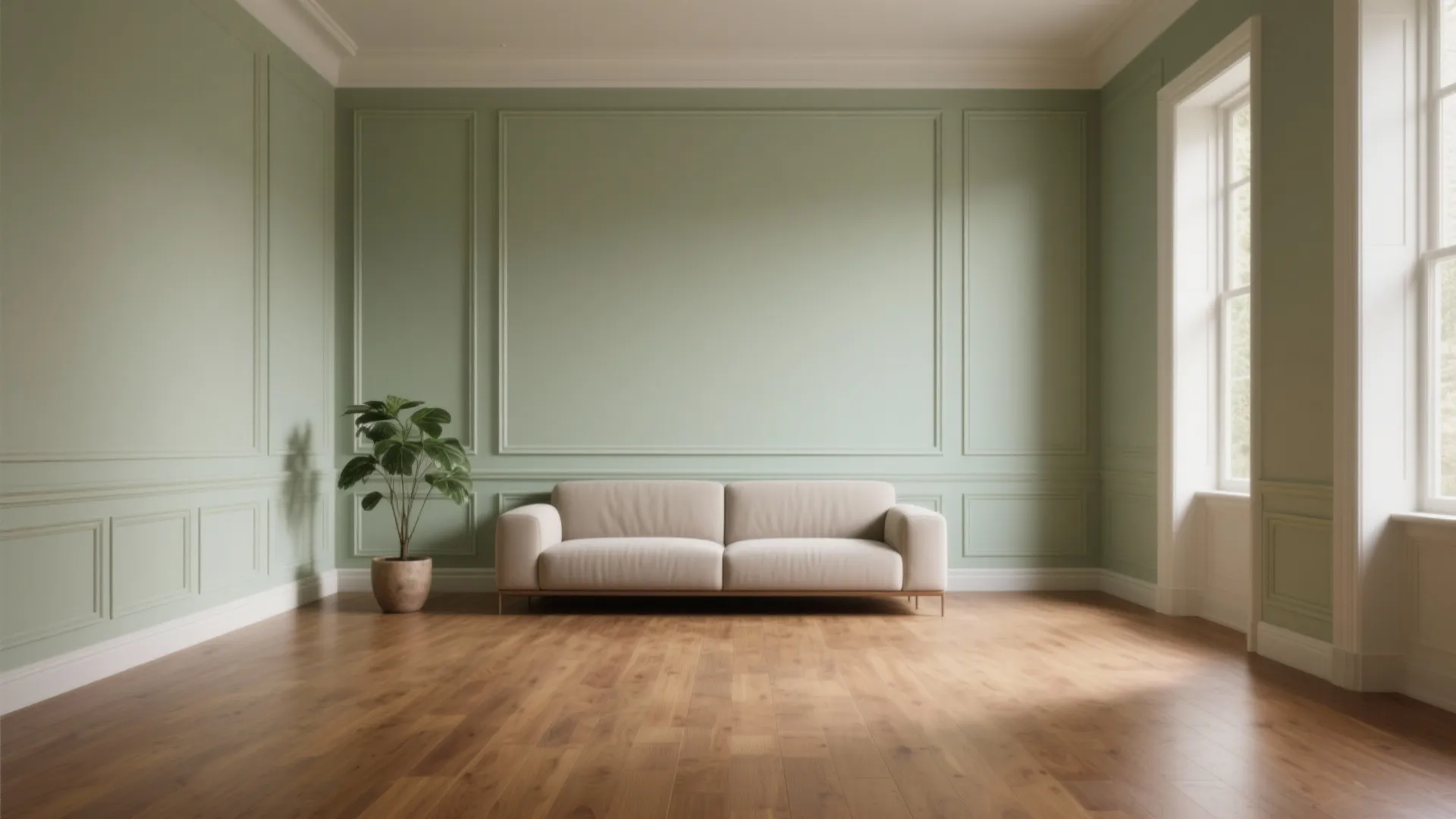 Empty living room featuring green wall panel light wood flooring white sofa and green plant