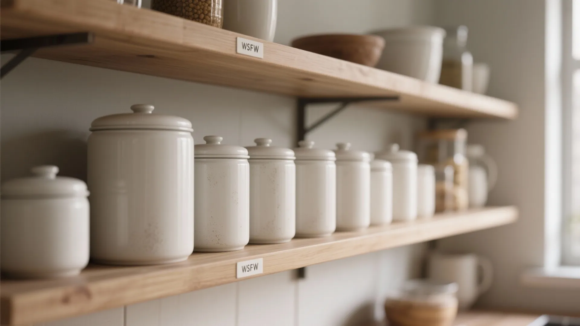 1. Uniform White Canister Set on Open Shelves