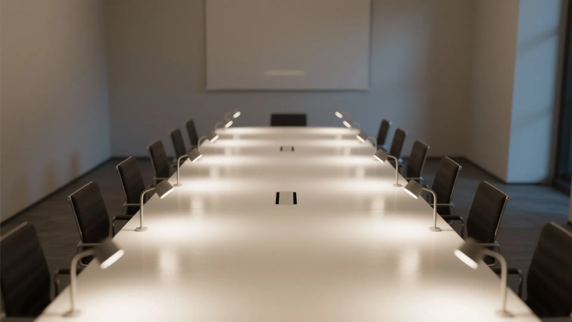 Modern meeting room with long white table and small desk lamps on both sides of table
