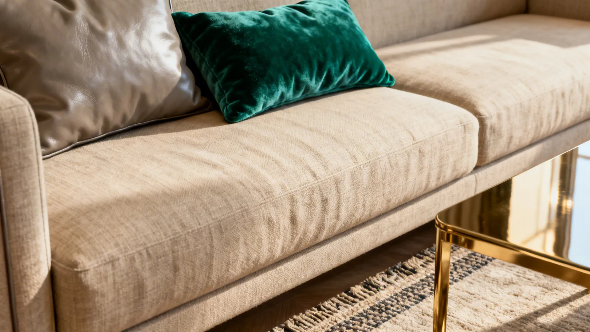 Close-up of emerald and neutral cushions and a textured rug tying two sofas together.