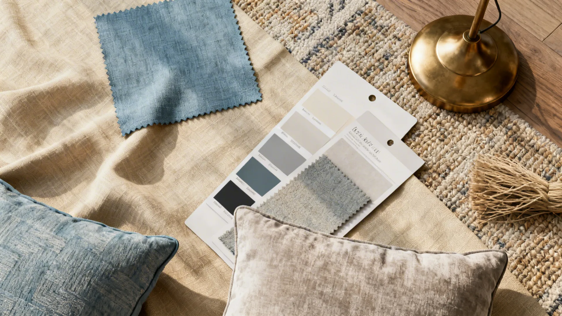 Flatlay of muted blue and warm beige fabric swatches, rug sample and brass finish for living room cohesion.