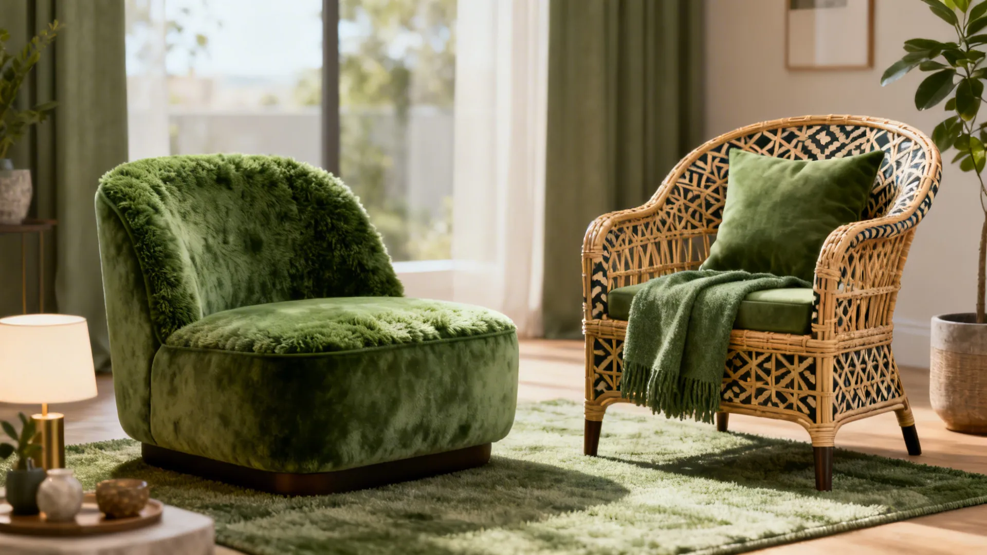 Green fuzzy chair and wicker chair with green pillow on green rug in sunlit room