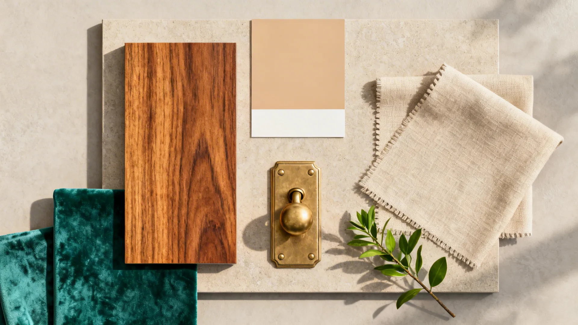Flatlay of warm wood, brass, and fabric swatches forming a unifying palette for a living room.