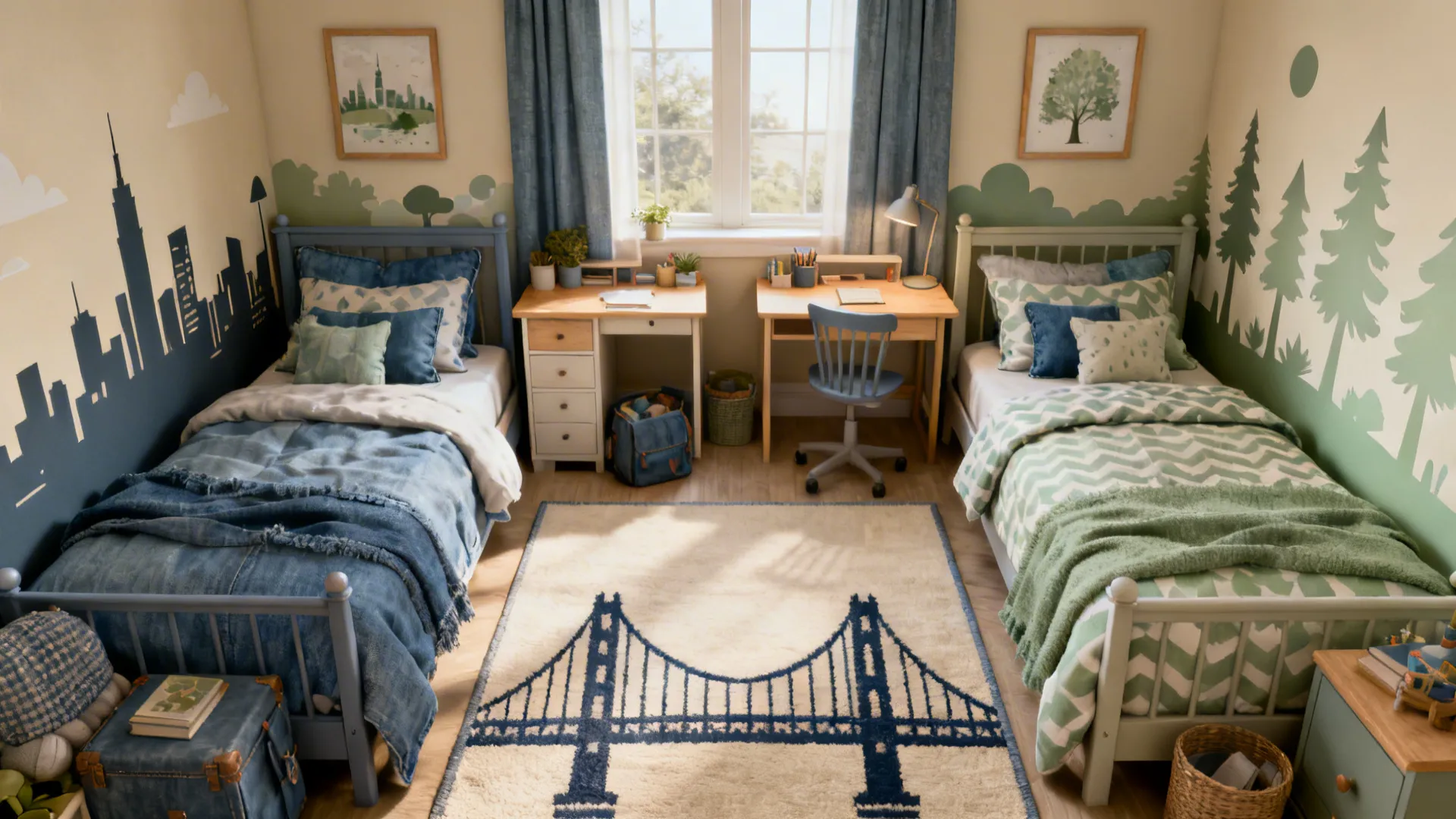 Shared kids room with City and Forest theme linked by a bridge rug motif.