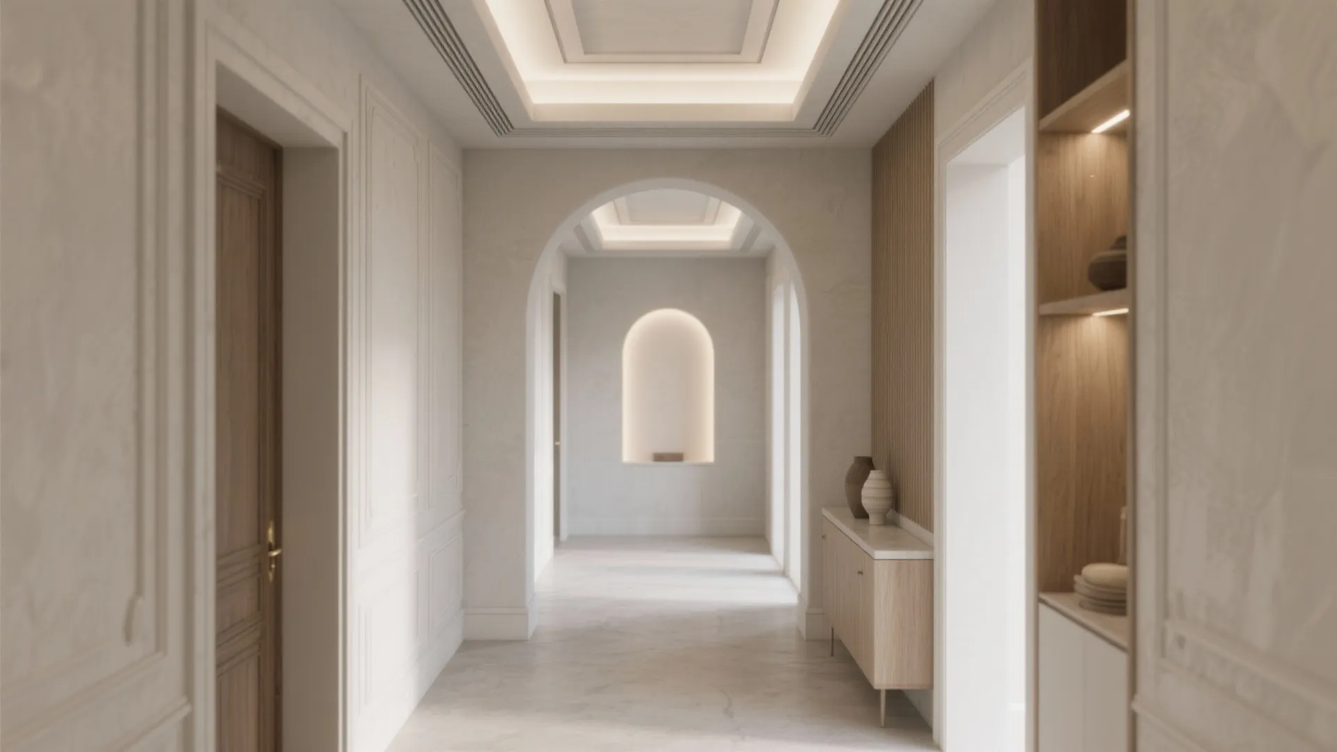 Modern cream hallway with arch doorway wooden cabinet wall panel light fixture and neutral marble floor