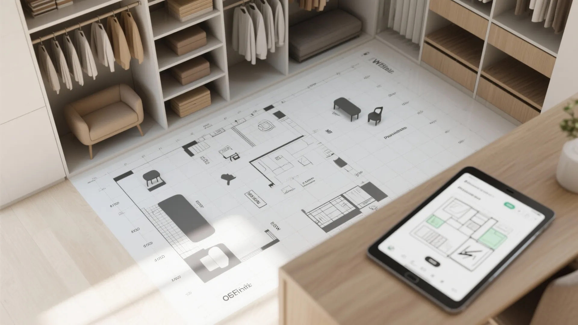 Top-down floor planner showing furniture layout inside a storage unit footprint