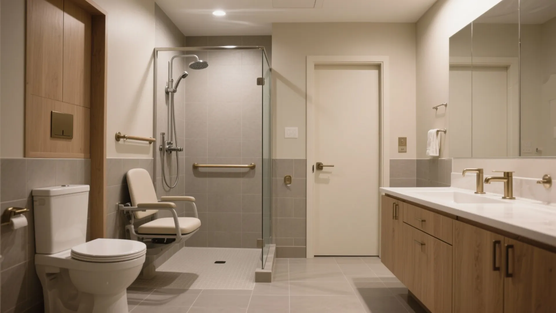 Accessible bathroom featuring a shower seat gold grab bars white toilet and a large wooden cabinet