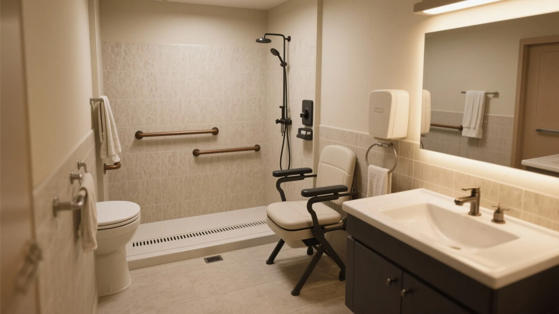 Universal bathrooms with zero-threshold showers