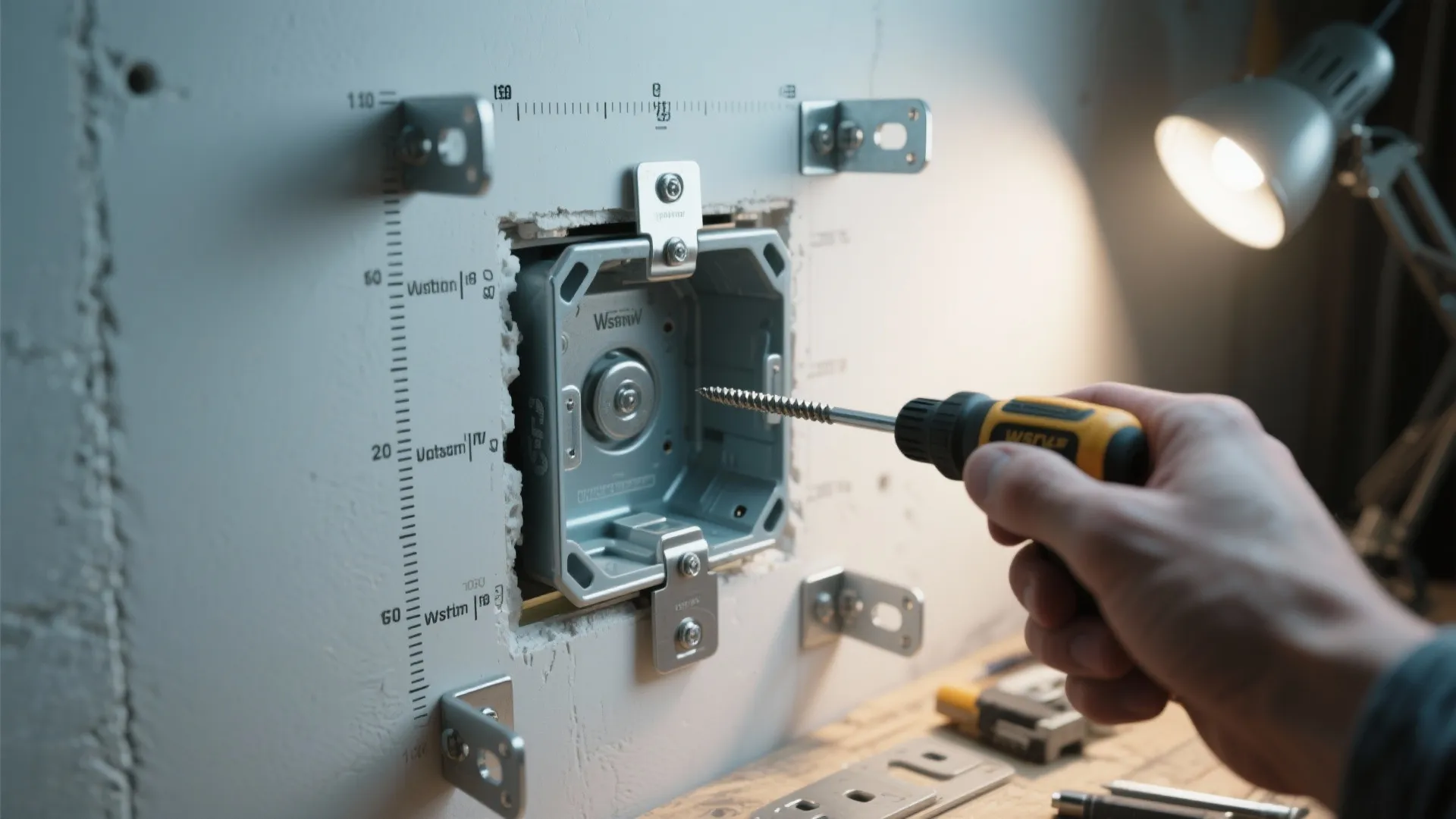 Hand using a yellow screwdriver to install a metal wall box with brackets and desk light