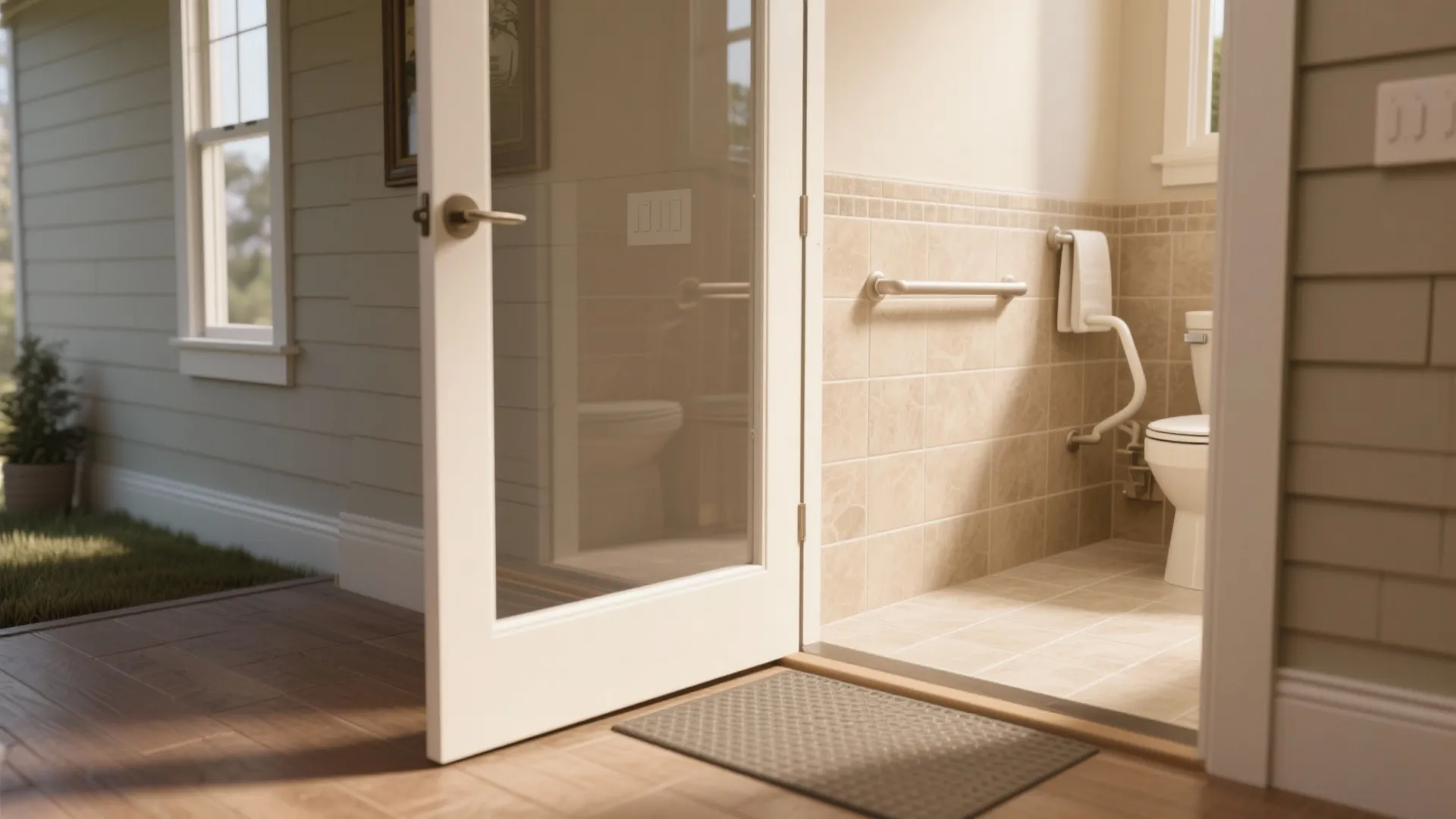 Accessible zero-step entry and grab-bar-ready bathroom details in a ranch home
