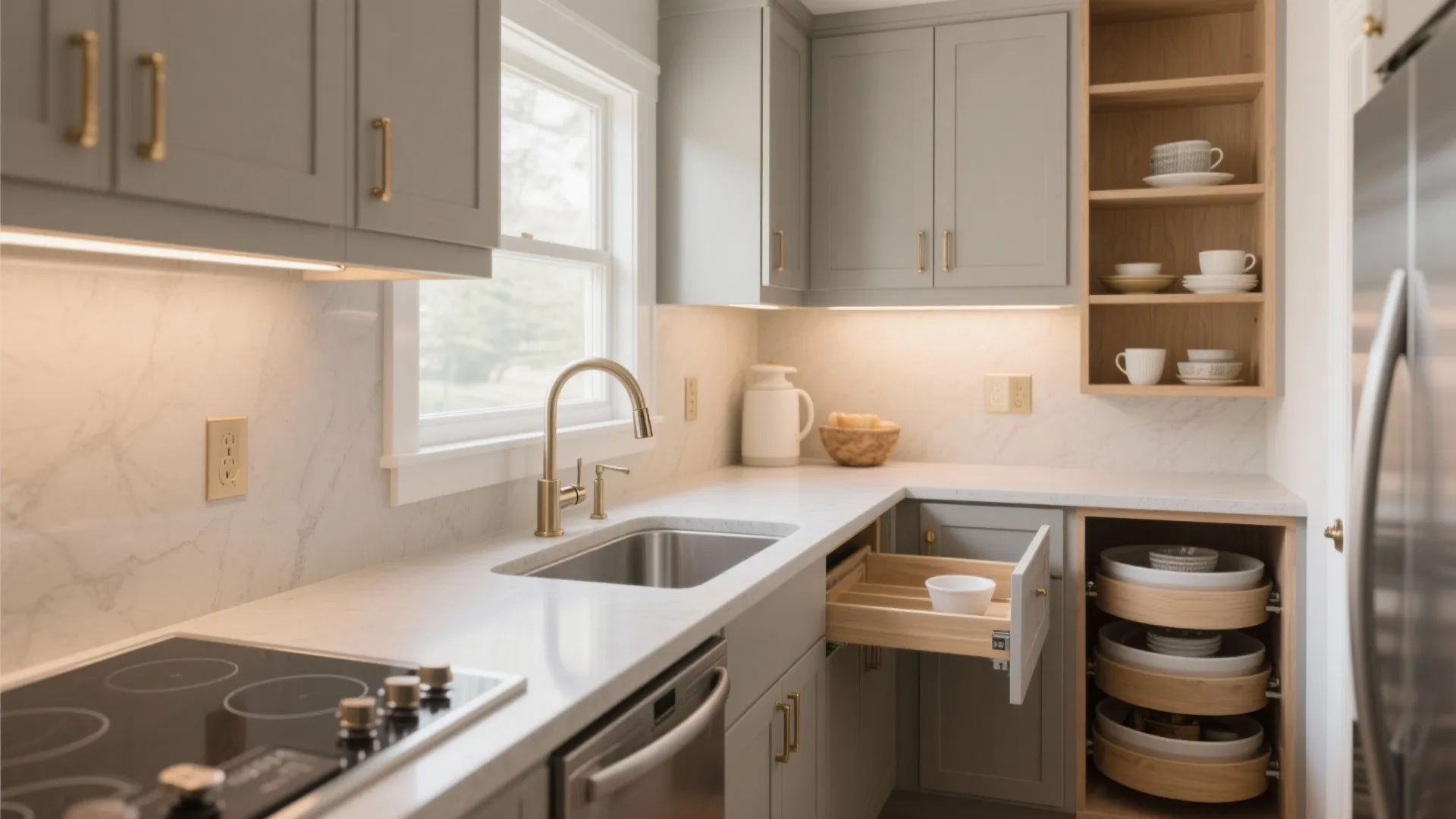Modern grey kitchen with open cabinets, wooden pull-out drawers, sink, gold faucet, and white countertops